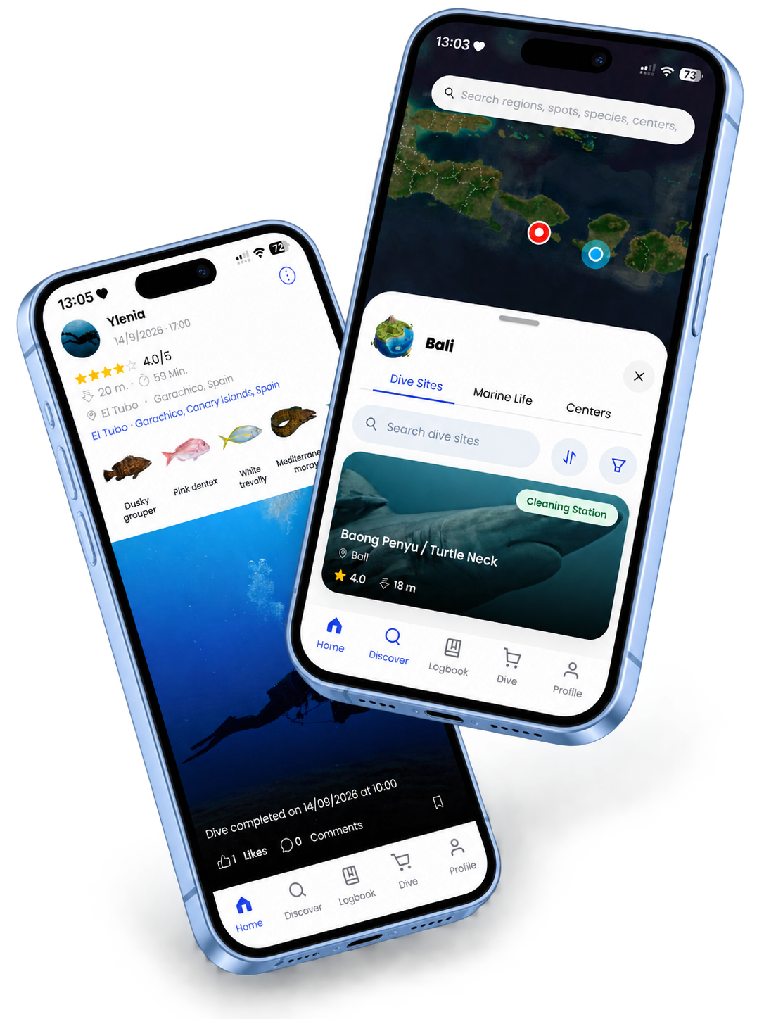 DiveLife app screens: dive map and logbook